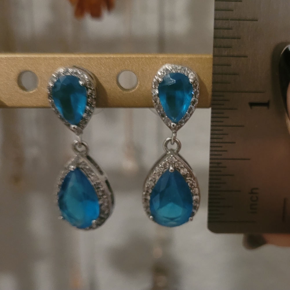 David's Bridal Blue and Silver Drop Earrings - Picture 3 of 5